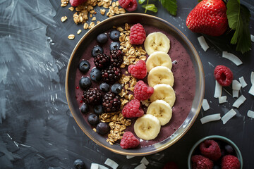 A bowl of fruit with bananas, blueberries, and raspberries. The bowl is on a table with a black...
