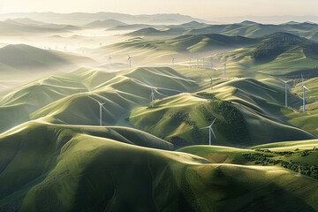 Aerial View of Wind Turbines on Rolling Green Hills at Sunrise