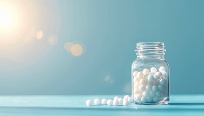 homeopathic balls in a glass jar, strewn,  sunlight, on a blue background