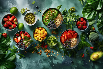 A colorful assortment of fruits and vegetables are displayed on a table. The table is covered with bowls of various sizes, each containing a different type of fruit or vegetable - obrazy, fototapety, plakaty