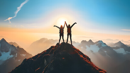 Couple celebrating success on mountain top by holding hands up in the air , Feeling successful ,love - obrazy, fototapety, plakaty