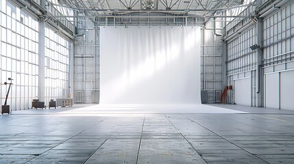 white backdrop for studio photography setup in a big industrial hangar - obrazy, fototapety, plakaty