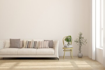 White living room with sofa. Scandinavian interior design. 3D illustration