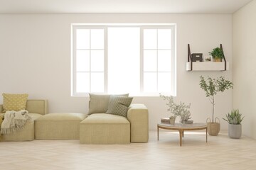 White living room with sofa. Scandinavian interior design. 3D illustration