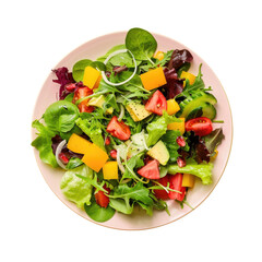 Garden salad on a pink plate, contrasted against a transparent background