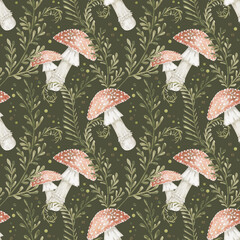 Seamless pattern with watercolor mushrooms, flowers,leaves and sprigs