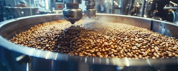 Many coffee beans roast in roasted machine. Coffee roaster.