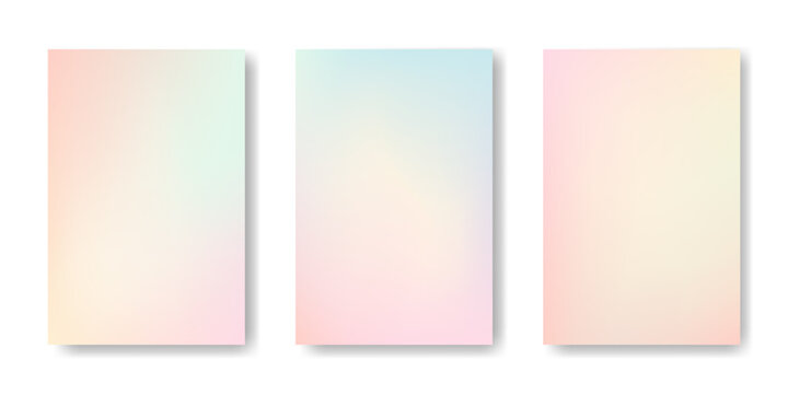 Light gradient mesh backgrounds set. Pastel color soft blend. Blurred liquid effect. Template for cover, poster, wallpaper, flyer, social media design
