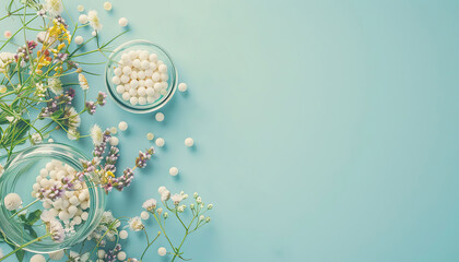 homeopathic balls in a glass jar, strewn, medicinal plants, sunlight, on a blue background