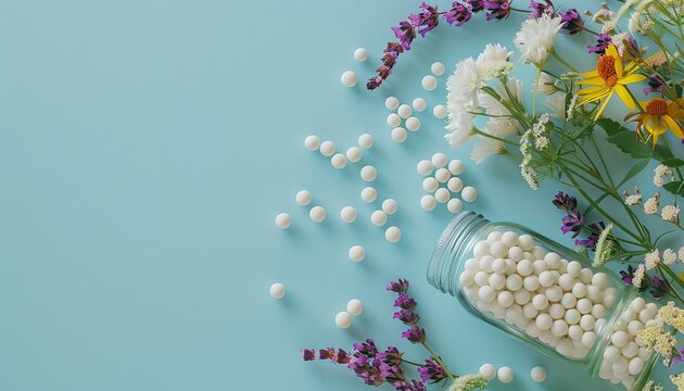 homeopathic balls in a glass jar, strewn, medicinal plants, sunlight, on a blue background
