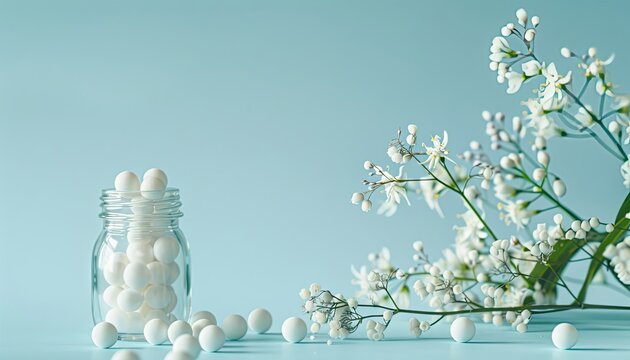 homeopathic balls in a glass jar, strewn, medicinal plants, sunlight, on a blue background