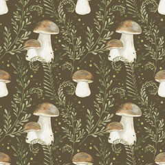 Seamless pattern with watercolor mushrooms, flowers,leaves and sprigs