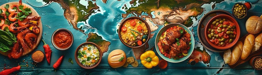 Capture the essence of culinary diversity by showcasing a montage of signature dishes from different countries against a colorful world map background