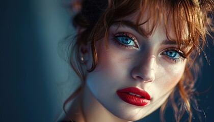 Fototapeta premium beautiful girl model with red lips looks at the camera, red hair studio shooting, portrait