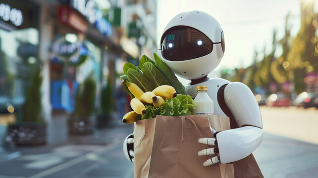 The robot assistant carries purchases from the store. Food delivery by robot
