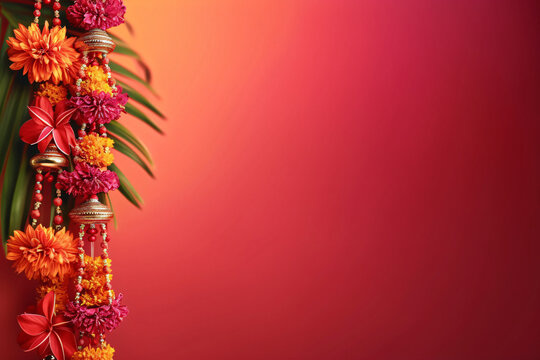Summer background with tropical flowers and palm leaves on red background. Brahmadhwaj. Traditional indian decorations. Kerala Onam festival. Pongal, Diwali, Ugadi, Gudi Padwa