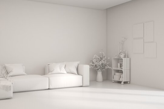 Grey interior design concept with furniture. 3D illustration