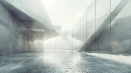 A 3D render of abstract futuristic glass architecture with an empty concrete floor