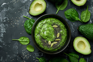 A bowl of green soup with avocado and spinach on a table