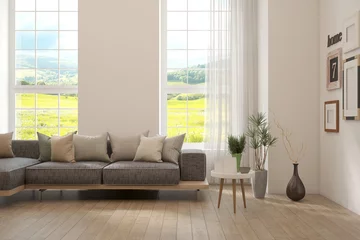 Schilderijen op glas White living room with sofa and summer landscape in window. Scandinavian interior design. 3D illustration © AntonSh
