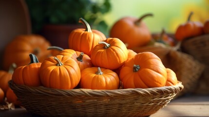 Woven basket filled with vibrant and festive orange pumpkins