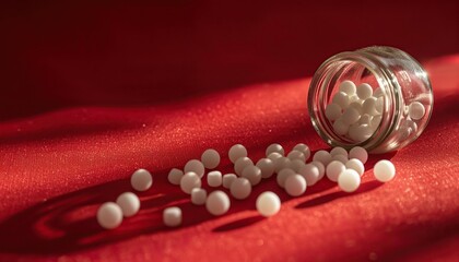 homeopathic balls in a glass jar, scattered with medicinal plants, sunlight