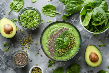 A bowl of green soup with avocado and spinach on a table