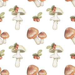 Seamless pattern with watercolor mushrooms, flowers,leaves and sprigs
