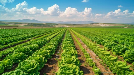 Fototapeta na wymiar A vast lettuce field in Turkey, innovatively irrigated using solar energy