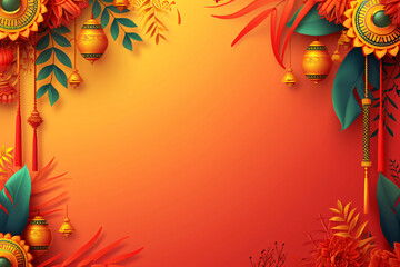 Obraz na płótnie Canvas Traditional indian festive background with flowers, leaves and decorations. Kerala Onam festival. Pongal, Diwali, Ugadi, Gudi Padwa. Template for greeting card, banner, poster with copy space