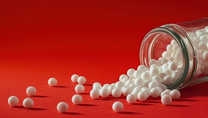 homeopathic balls in a glass jar, scattered with medicinal plants, sunlight