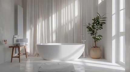 The modern bathroom is white and cozy, with marble stone, towels and plants