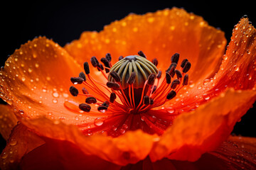 The water drops on Poppy flower pistil , Macro photography