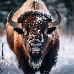 illustration of Bison looking in the  camera snow winter, Generative ai