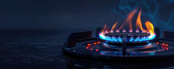 A close up of the gas flame in the black kitchen. - obrazy, fototapety, plakaty