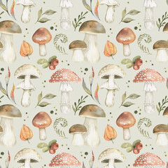 Seamless pattern with watercolor mushrooms, flowers,leaves and sprigs