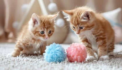 Two very cute white kittens is playing ball