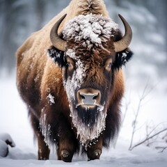 illustration of Bison looking in the  camera snow winter, Generative ai
