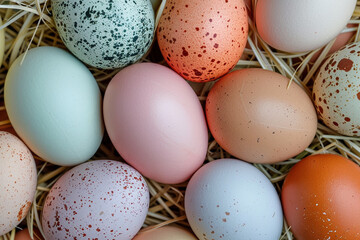 Assorted Colorful Eggs Nestled in Straw Close-up - obrazy, fototapety, plakaty