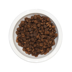 Dog food in a white bowl in a white background