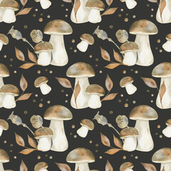 Seamless pattern with watercolor mushrooms, flowers,leaves and sprigs
