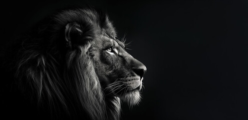 Black and white contrast photo in profile of a male lion with a powerful mane looking to the side on a black background. Monochrome poster with copy space. Wild animal rescue and protection concept © Irina