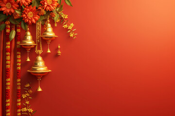 Summer background with tropical flowers, palm leaves and bells on rd background. Traditional indian decorations. Kerala Onam festival. Pongal, Diwali, Ugadi, Gudi Padwa