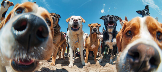Joyful Dogs in Line Under Blue Sky Captured in Close-Up - obrazy, fototapety, plakaty