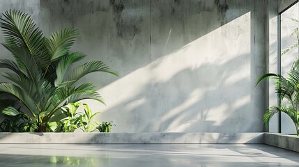 A modern empty room featuring a blank concrete wall and adorned with a tropical plant garden