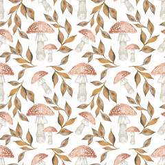 Seamless pattern with watercolor mushrooms, flowers,leaves and sprigs