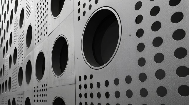 A striking black and white architectural detail of an aluminium perforated cladding facade