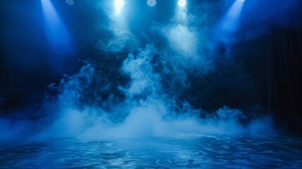 A dramatic blue spotlight illuminates smoke on a stage - obrazy, fototapety, plakaty