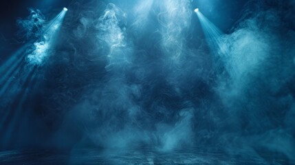 A dramatic blue spotlight illuminates smoke on a stage