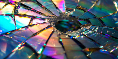 Shattered Compact Disc Close-Up Capturing Colorful Light Reflections - obrazy, fototapety, plakaty
